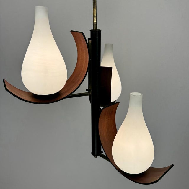 Wood Pendant Light in Teak with Milk Glass and Brass, 1960s For Sale - Image 7 of 10