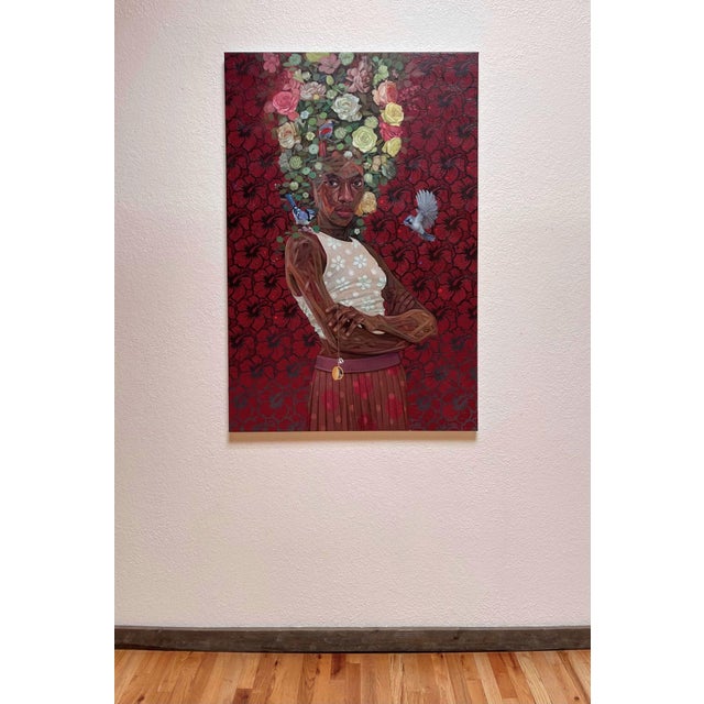 Nest IV depicts a figure adorned with a vibrant arrangement of flowers and birds, symbolizing growth and connection to...