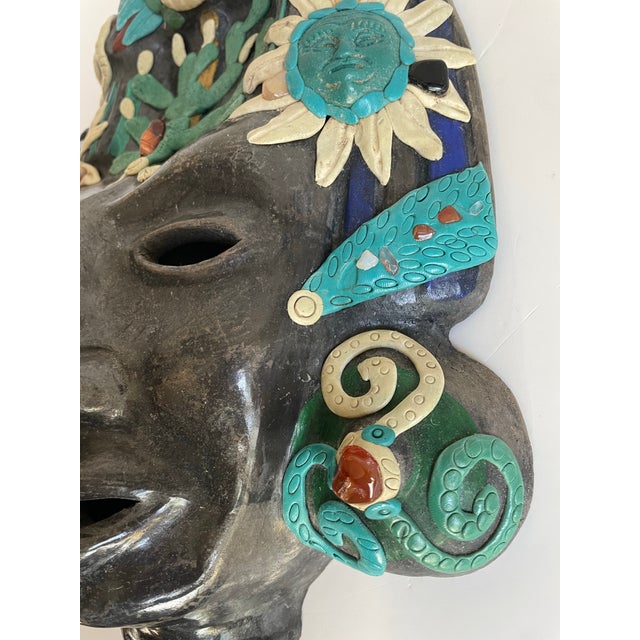 Mexican Vintage Mexican Folk Art Ceramic & Stone Embellished Sculptural Wall Mask For Sale - Image 3 of 12