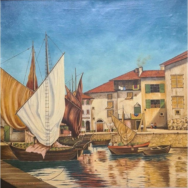 Nautical Mid 20th Century Mannerist Large Scale Oil Painting on Canvas, Boats in the Port by E Tiedemann, Framed For Sale - Image 3 of 12