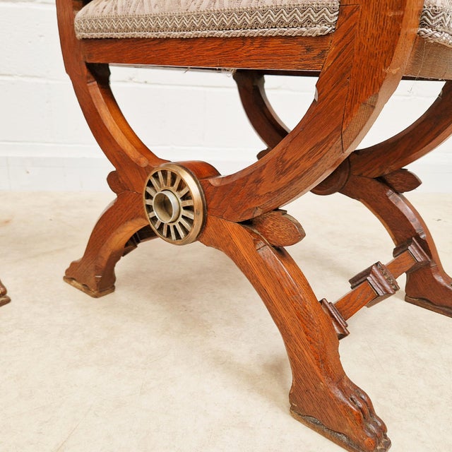 Vintage Renaissance Revival Carved Oak Chairs with Liberty Damask and Regal Tassels, 1970s, Set of 2 For Sale - Image 13 of 14