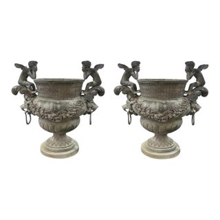 1970s Pair of Monumental Neoclassical Bronze Cherub Urn Planters For Sale
