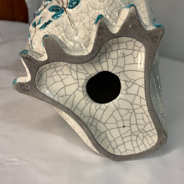 Mid-Century Modern Italian Attributed to Alvino Bagni Ceramic Owl Figurine With Blue Jewel Glass Eyes & Floral Crackle Glaze 10” White and Blue For Sale In Chicago - Image 6 of 11