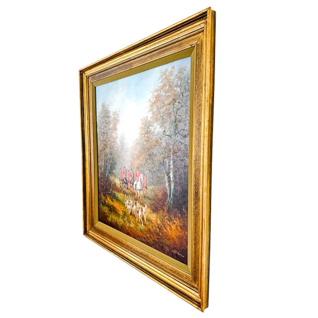 English Mid 20th Century Large Scale English School Equestrian Fox Hunt Oil Painting in Giltwood Frame, Signed For Sale - Image 3 of 4