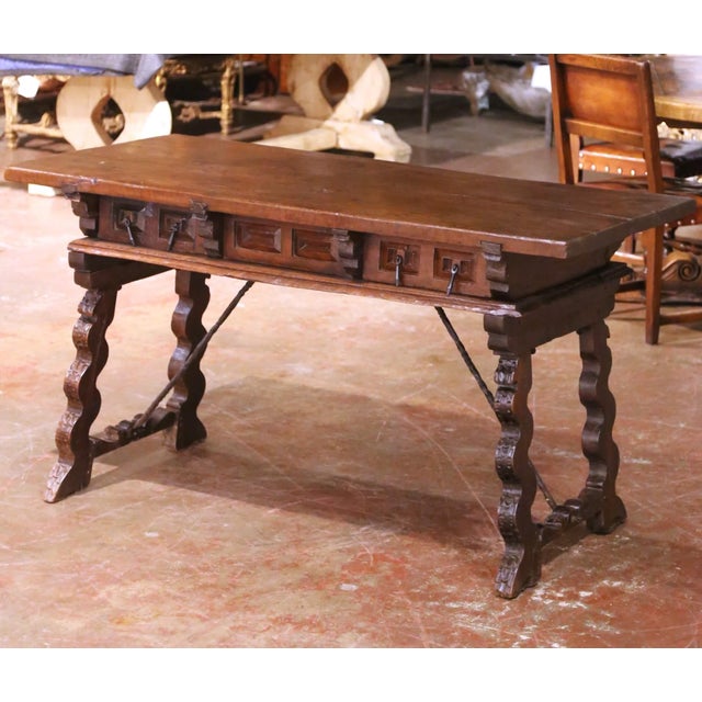 Late 18th Century 18th Century Spanish Carved Walnut Desk With Single Plank Top and Three Drawers For Sale - Image 5 of 15