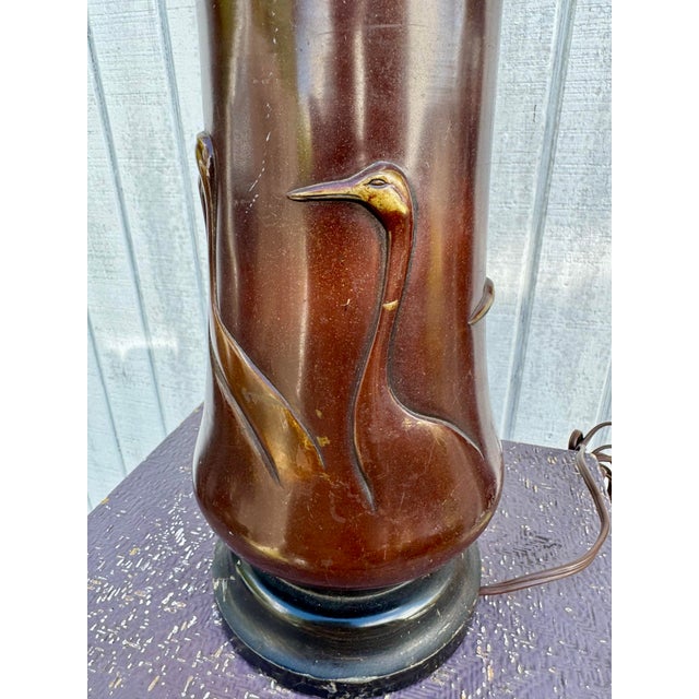 Early 20th Century Antique Chinese Flock of Cranes Herons Bronze Lamp For Sale - Image 5 of 9