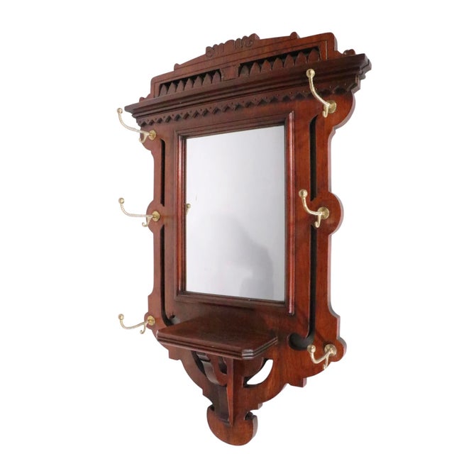 Wood Victorian Eastlake Aesthetic Movement Wall Mirror Hat Rack C. 1880's For Sale - Image 7 of 15