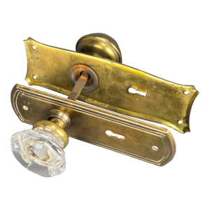 1900's Antique Arts and Crafts Bronze and Crystal Glass Front Door Handle Doorknob and Back Plates