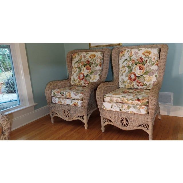 Pristine 1980's Phillippine Ratan & Wicker Wingback Chairs & Ottoman - 3 Piece Set For Sale - Image 12 of 18