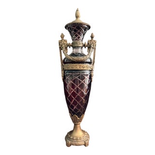 Tall Statement Antique Ruby Cut to Clear Crystal Lidded Urn With Second Empire Style Bronze Mounts For Sale