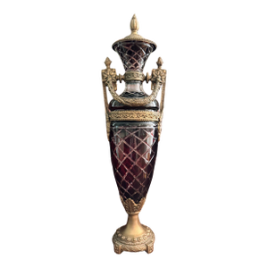 Tall Statement Antique Ruby Cut to Clear Crystal Lidded Urn With Second Empire Style Bronze Mounts