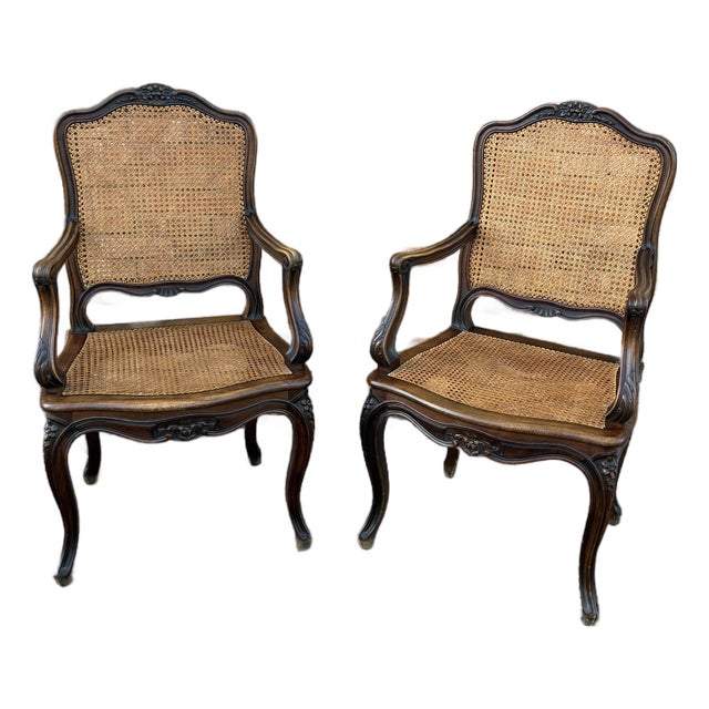 Pair of Antique French Cane Arm Chairs For Sale
