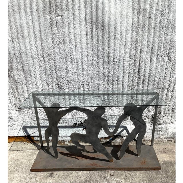 Postmodern Vintage Postmodern Punch Cut Figurative Console Table For Sale - Image 3 of 11