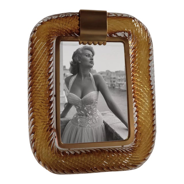 "Sophia Loren" Amber Murano Style Glass Brass Frame Photo Frame For Sale