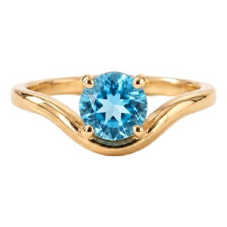 Curved Swiss Blue Topaz Solitaire Ring • 18k Gold Plated Wave Band Stackable Ring • December Birthstone Ring Us 7 For Sale