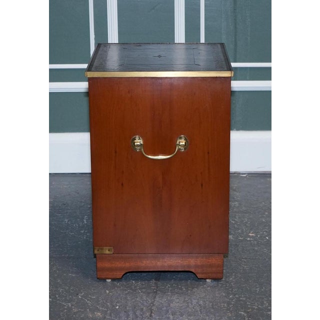 Military Campaign Yew Wood Bedside Table with Green Leather Top For Sale - Image 10 of 14