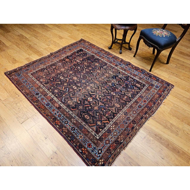 Persian 19th Century Persian Afshar Tribal Rug, Handwoven Wool, All-Over Geometric Pattern, Navy & Blue, 5x6 For Sale - Image 3 of 18