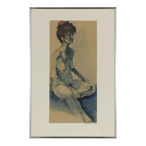 Original Vintage 20th Century Signed/Dated Modernist Seated Female Nude Watercolor
