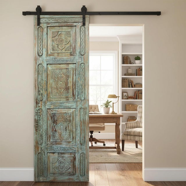 Mid-Century Modern Antique Hand-Carved Blue Floral Pantry Door – Rustic Wooden Barn Door for Bedroom or Pantry Entry 96x29.5 For Sale - Image 3 of 6