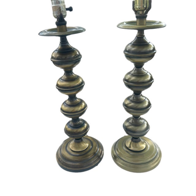 Metal Mid Century Modern Brass Tone Stacked Cylinder Table Lamp- A Pair For Sale - Image 7 of 12