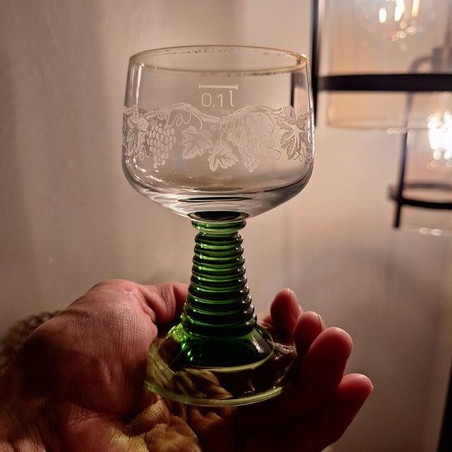 Glass Vintage German Roemer Crystal Wine Glasses: Etched Grape With Green Beehive Stem For Sale - Image 7 of 8