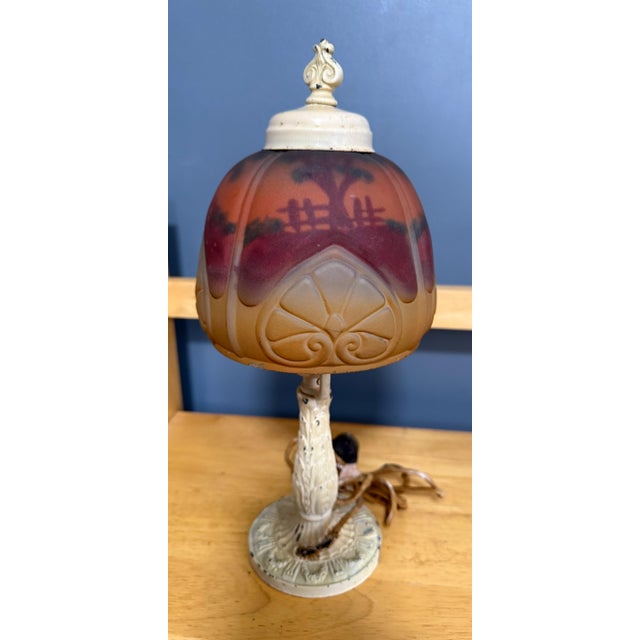Antique 1920s Reverse Painted Puffed Glass Boudoir Lamp Jefferson Style Scenic Sunset For Sale In Portland, ME - Image 6 of 15