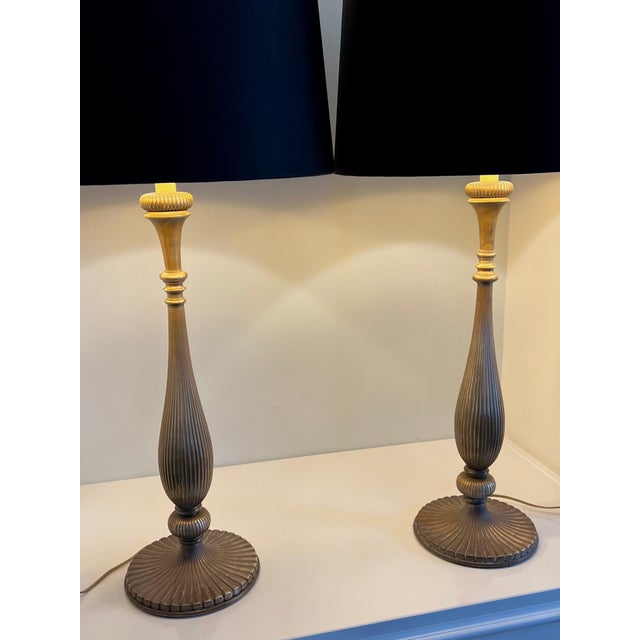 Brass Chapman Lamps with Black Silk Shades - A Pair For Sale - Image 9 of 10