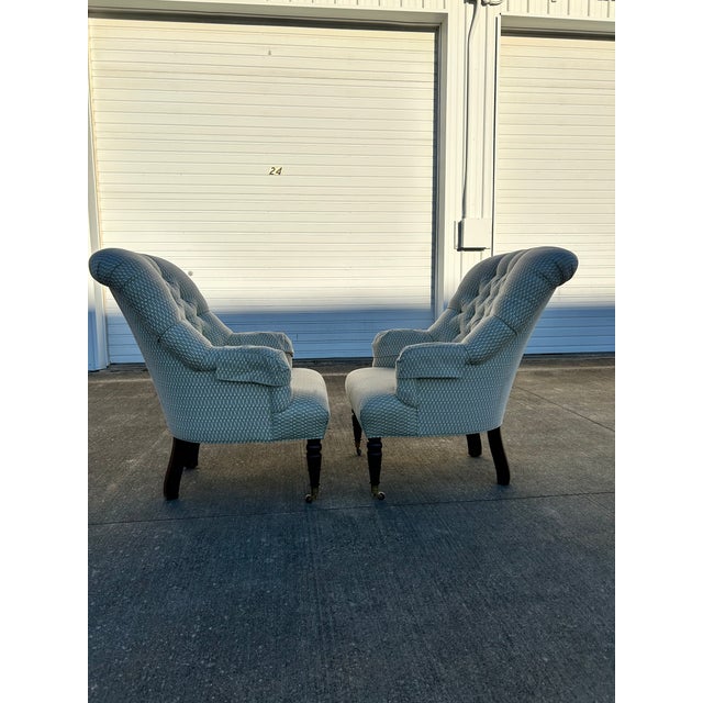 1990s Pair of Victorian Style Tufted Back Armchairs by Calico Corners For Sale - Image 9 of 12