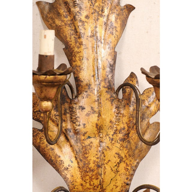 Italian Mid 20th Century Italian Metal 4-Light Sconces in Leaf Motif- Set of 2 For Sale - Image 3 of 10