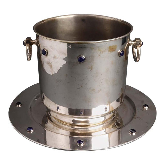 Modern Silver Plate Ice Bucket & Tray With Blue Cabochon Decor 2
