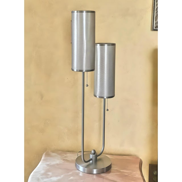 Contemporary Anthony California Styled Modern Nickel Double Mesh Lamp For Sale - Image 3 of 12