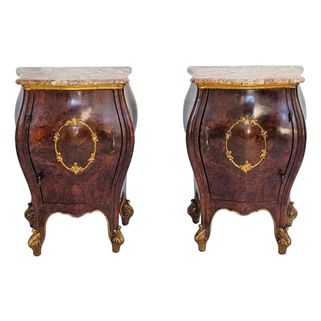 Pair Antique 1900s Italian Bombe Nightstands Marble Tops Burl Walnut With Gilt Wood Accent For Sale