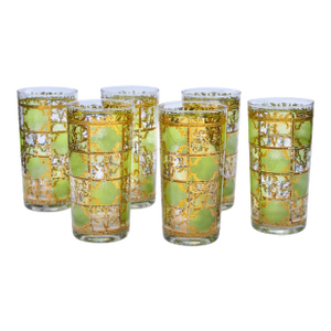 Mid 20th Century Green & Gold Patterned Highball Culver Glasses- Set of 6