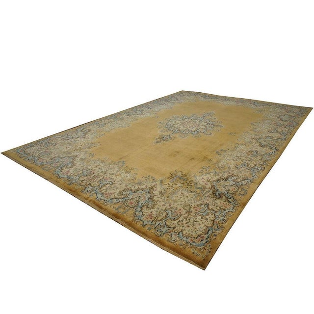 1930s Antique Persian Kerman Wool 10x14 Gold, Blue & Ivory Handmade Area Rug #9901155 For Sale - Image 5 of 8
