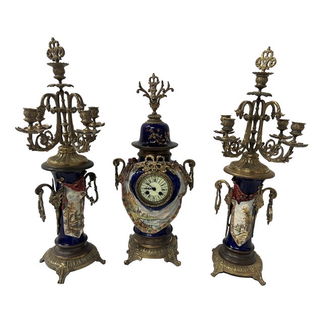 Polychrome Earthenware Fireplace Surround with Landscape Decoration, Set of 3 For Sale