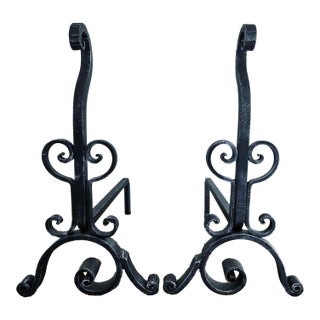 Pair of Handcrafted Italian Wrought Iron Fireplace Andirons For Sale