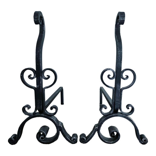 Pair of Handcrafted Italian Wrought Iron Fireplace Andirons For Sale