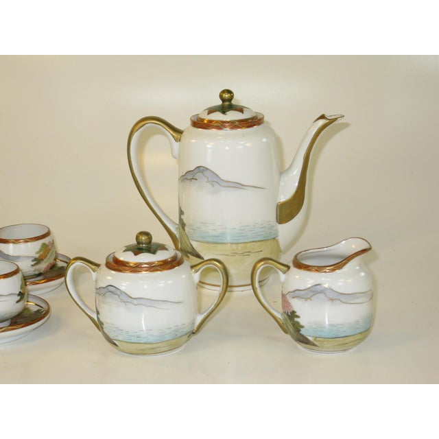 7 Pc. Set Tea Pot Sugar Bowl Cups Saucers Porcelain Antique Japanese Kutani Eggshell Porcelain Lithophane Geisha - 11 pcs For Sale - Image 10 of 18