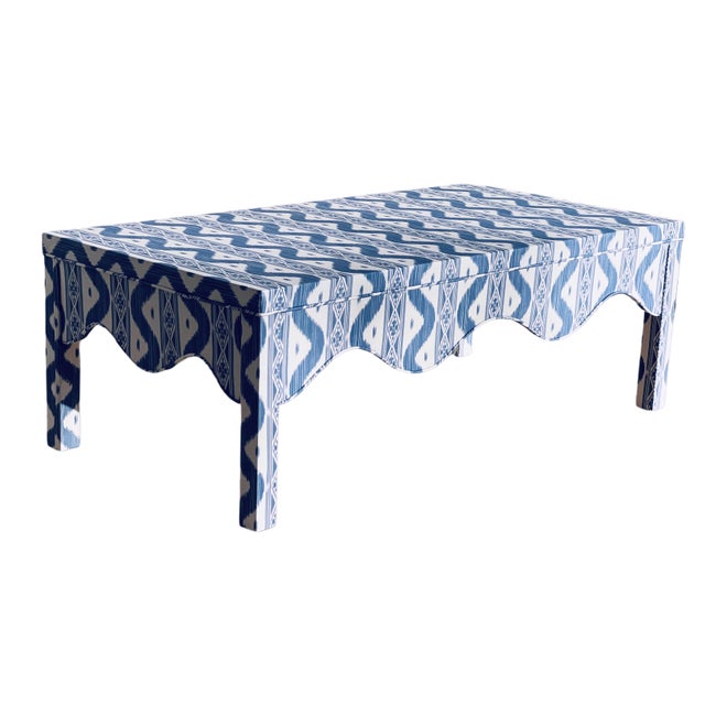 Custom Scalloped Coffee Table in Blue Ikat For Sale - Image 9 of 16