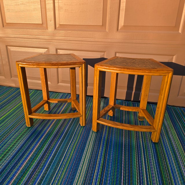 Late 20th Century Vintage McGuire Oak Curved Side Tables/Stools - a Pair For Sale - Image 5 of 17