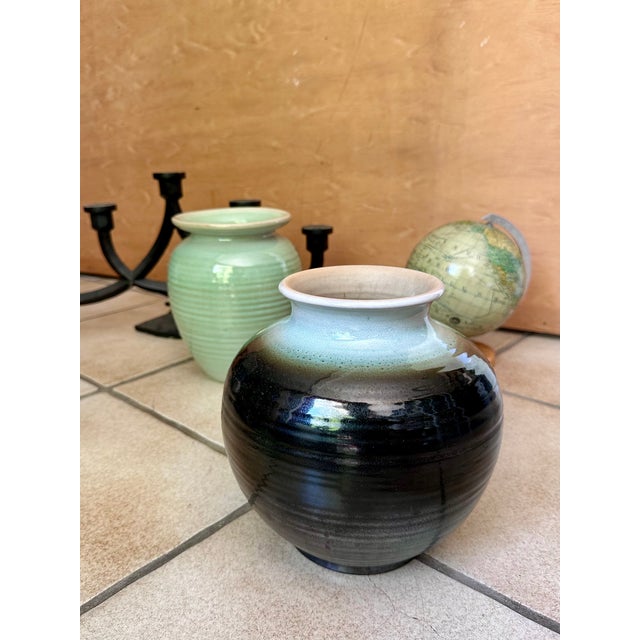 Sculptural Celadon and Iron Oxide Glazed Ceramic Art Vase by Martha Katzer for Karlsruher Majolika, Germany, 1940s For Sale - Image 14 of 15