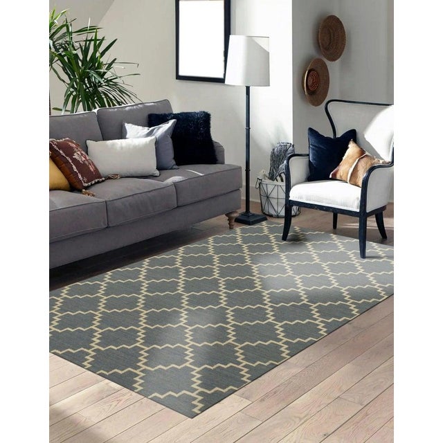 Gray 8x10 Blue Flat Weave Wool Stepped Diamond Lattice Geometric Modern Carpet Rug For Sale - Image 8 of 8