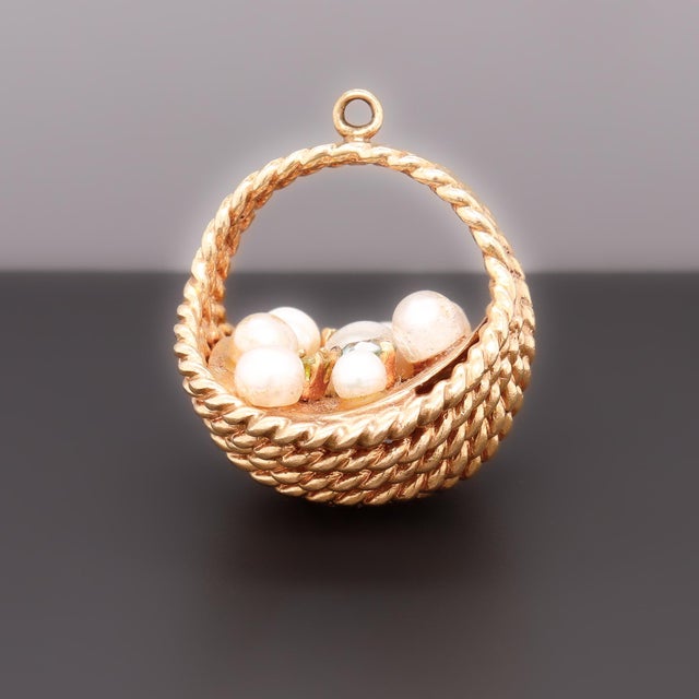 Vintage 14k Yellow Gold, Pearl, and Tourmaline Figural Easter Basket Charm For Sale - Image 16 of 17
