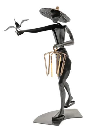 Austrian Artist, Handmade Asian Bird Feeder Figure, 1950s, Metal