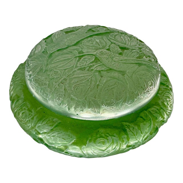 Antique Consolidated Lamp and Glass Co. Powder Jar/ Dresser Box With Hummingbirds and Roses. For Sale