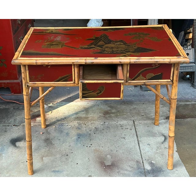 Paint Victorian Chinoiserie & Burnt Bamboo Red Lacquer Side Table Desk For Sale - Image 7 of 8