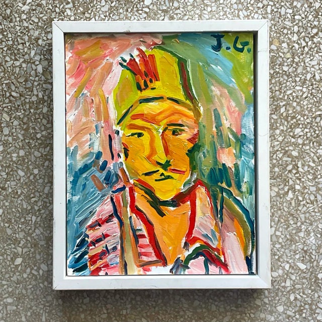 A fabulous vintage Boho original oil portrait on board. A chic and colorful composition of a man in a fez. Signed by the...