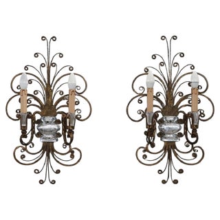 Gilded Iron and Crystal Sconces from Maison Baguès, 1950s, Set of 2 For Sale