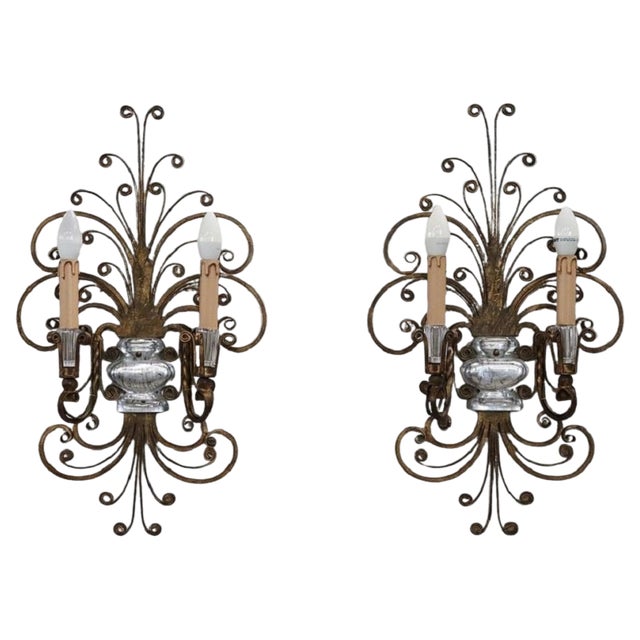 Gilded Iron and Crystal Sconces from Maison Baguès, 1950s, Set of 2 For Sale