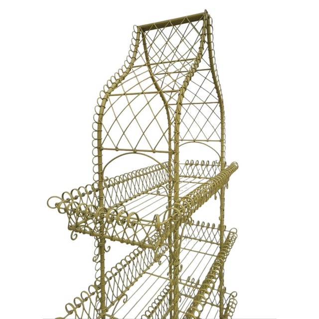 Yellow Vintage French Country Yellow Palm Beach Regency Pagoda Wire Bakers Rack Plant Stand For Sale - Image 8 of 13